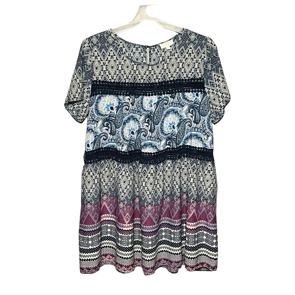 Umgee Crochet Lace Tunic Dress Paisley Print Short Sleeve Lightweight Large